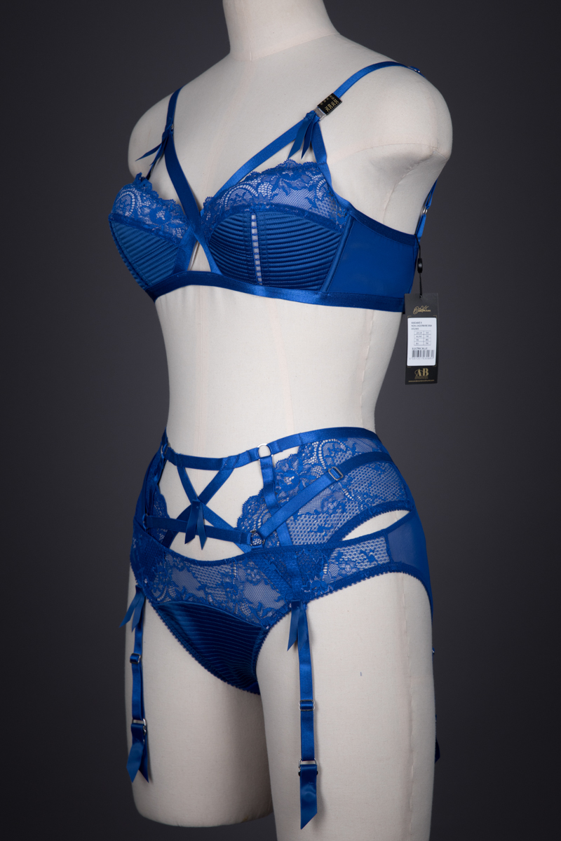 Madame X' Electric Blue Stretch Lace & Satin Bra, Suspender Belt & Briefs  By Dita Von Teese
