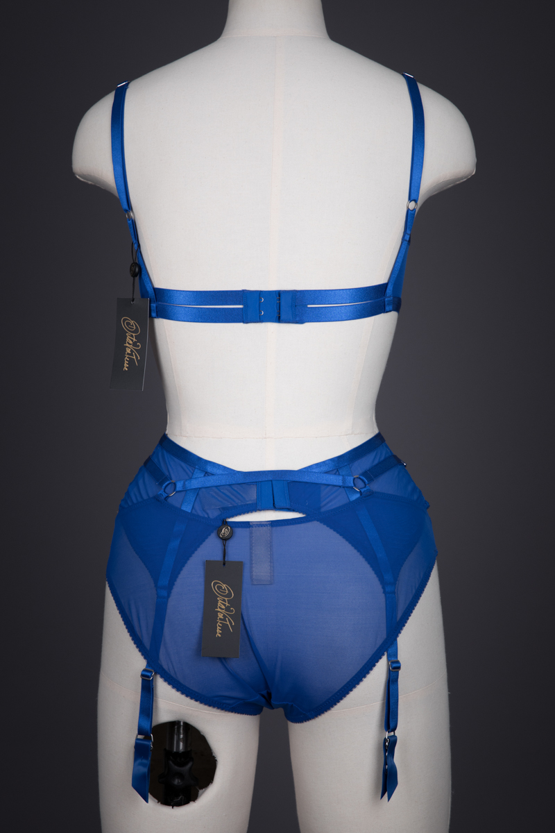 'Madame X' Electric Blue Stretch Lace & Satin Bra, Suspender Belt & Briefs By Dita Von Teese, 2017, Made in China, Designed in the USA. The Underpinnings Museum. Photography by Tigz Rice.