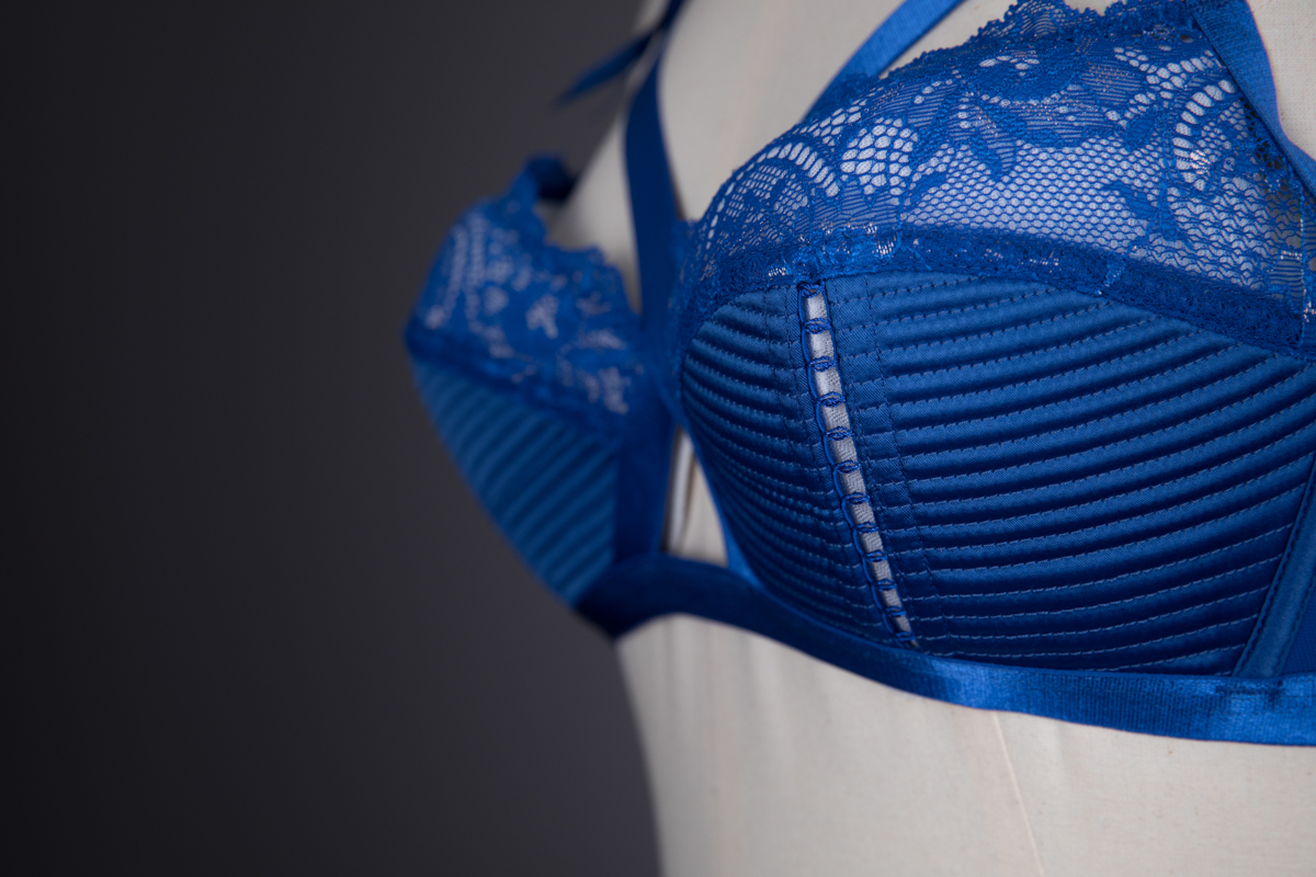 'Madame X' Electric Blue Stretch Lace & Satin Bra, Suspender Belt & Briefs By Dita Von Teese, 2017, Made in China, Designed in the USA. The Underpinnings Museum. Photography by Tigz Rice.