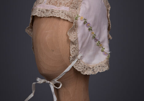 Lace & Celanese Boudoir Cap With Floral Trims, c. 1930s, Great Britain. The Underpinnings Museum. Photography by Tigz Rice.