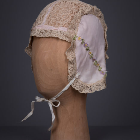 Lace & Celanese Boudoir Cap With Floral Trims, c. 1930s, Great Britain. The Underpinnings Museum. Photography by Tigz Rice.