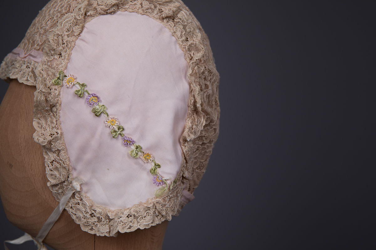 Lace & Celanese Boudoir Cap With Floral Trims, c. 1930s, Great Britain. The Underpinnings Museum. Photography by Tigz Rice.