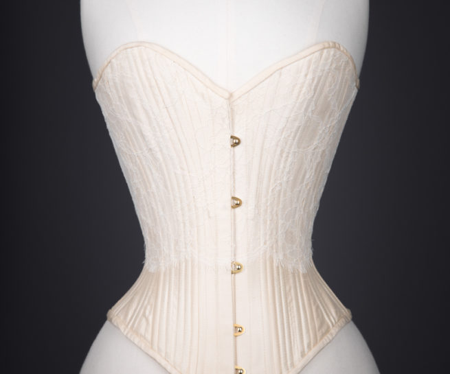 Champagne Silk & Lace Sweetheart Overbust Corset By Sparklewren, c. 2011, United Kingdom. The Underpinnings Museum. Photography by Tigz Rice