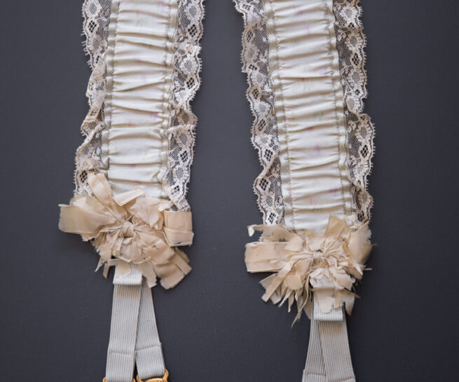 Watered Silk & Elastic Hose Supporters With Gilded Suspender Clips, c. 1890s, USA. The Underpinnings Museum. Photography by Tigz Rice.