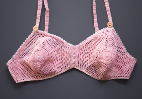Pink Spiral Cup Crochet Bra, c. 1930s, Great Britain. The Underpinnings Museum. Photography by Tigz Rice.