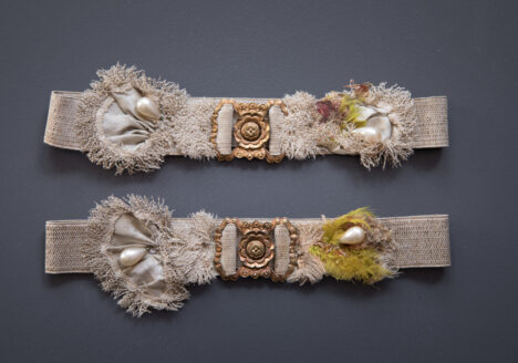 Elastic Garters With Feathers, Pearls & Gilt Clips, c. 1910s, Great Britain. The Underpinnings Museum. Photography by Tigz Rice.