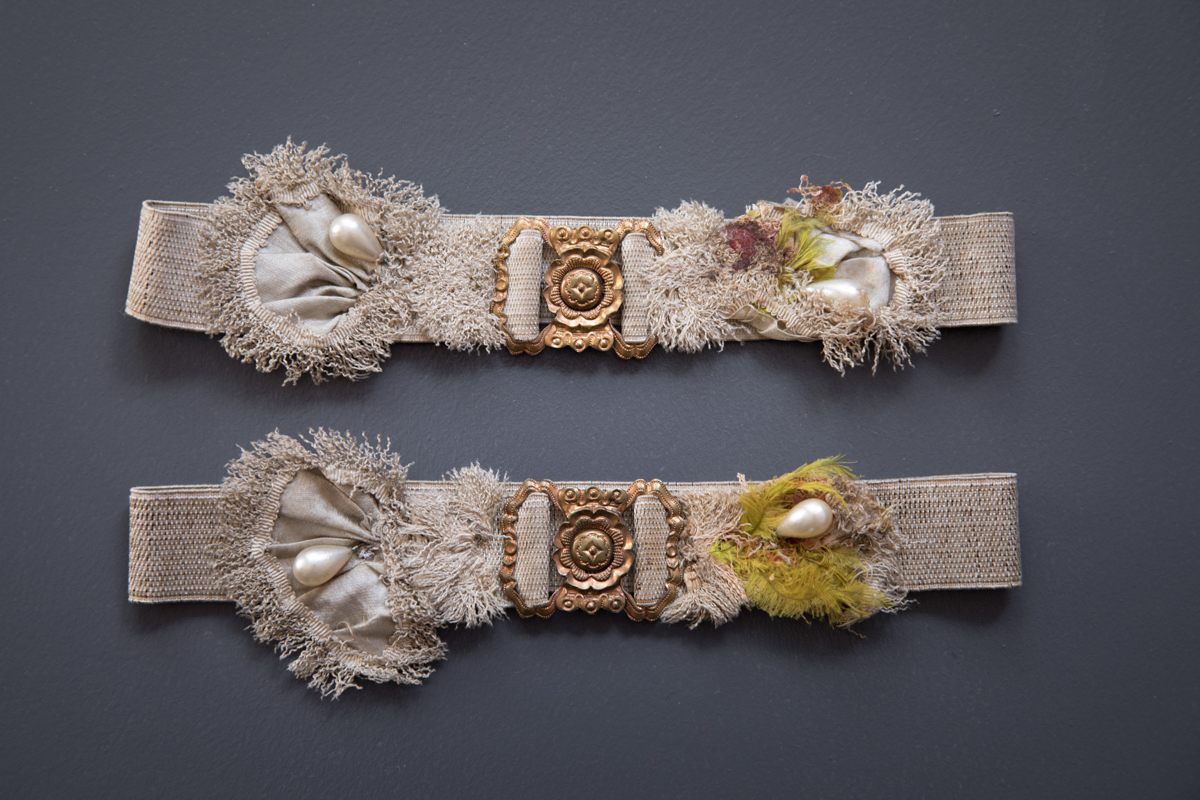 Elastic Garters With Feathers, Pearls & Gilt Clips, c. 1910s, Great Britain. The Underpinnings Museum. Photography by Tigz Rice.