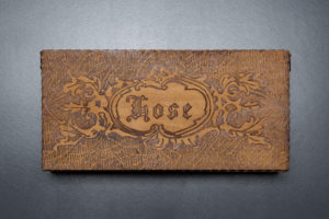 Hosiery Storage Pyrography Wooden Box By L. F. Grammes & Sons, c. 1890-1900s, USA. The Underpinnings Museum. Photography by Tigz Rice.