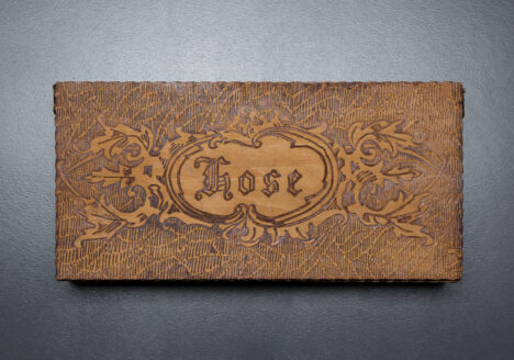 Hosiery Storage Pyrography Wooden Box By L. F. Grammes & Sons, c. 1890-1900s, USA. The Underpinnings Museum. Photography by Tigz Rice.