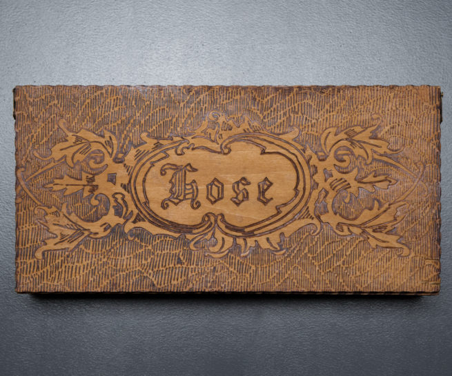 Hosiery Storage Pyrography Wooden Box By L. F. Grammes & Sons, c. 1890-1900s, USA. The Underpinnings Museum. Photography by Tigz Rice.