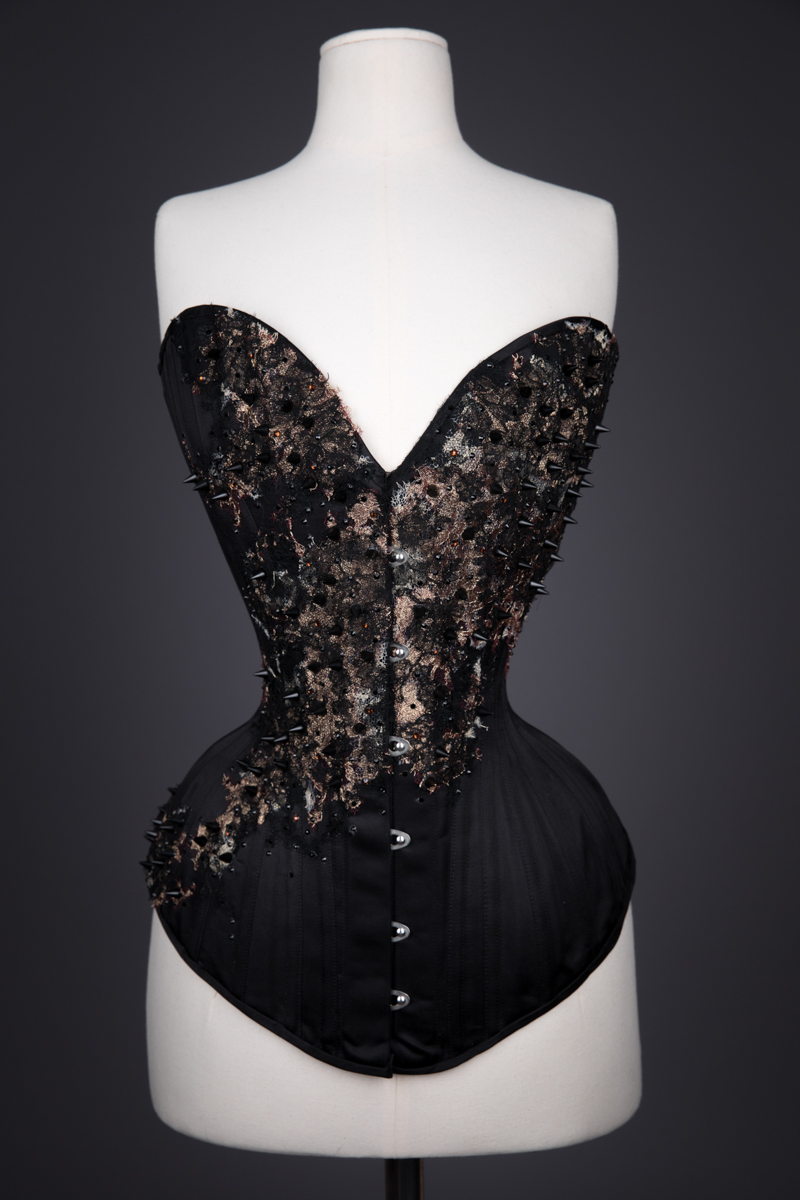 Overbust Corset Bustier in Embroidered Silk With Lace Detail Around  Neckline, Front Busk and Back Lacing and Spiral Steel Boning 