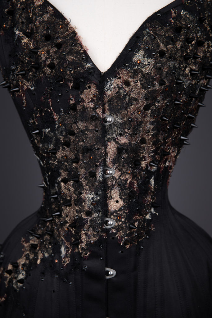 'Burning Coals' Silk & Lace Appliqué Overbust Corset By Sparklewren, 2012, United Kingdom. The Underpinnings Museum. Photography by Tigz Rice.