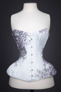 'Love In A Mist' Silk & Lace Appliquéd Overbust Corset By Sparklewren, 2015, UK. The Underpinnings Museum. Photography by Tigz Rice