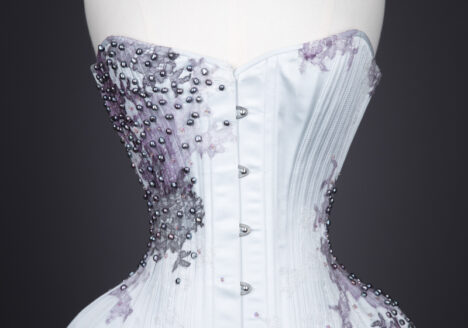 'Love In A Mist' Silk & Lace Appliquéd Overbust Corset By Sparklewren, 2015, UK. The Underpinnings Museum. Photography by Tigz Rice