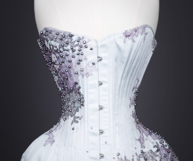 'Love In A Mist' Silk & Lace Appliquéd Overbust Corset By Sparklewren, 2015, UK. The Underpinnings Museum. Photography by Tigz Rice