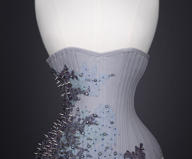 Herringbone Coutil & Lace Appliqué 'Jay' Underbust Corset By Sparklewren, c. 2015, UK. The Underpinnings Museum. Photography by Tigz Rice.