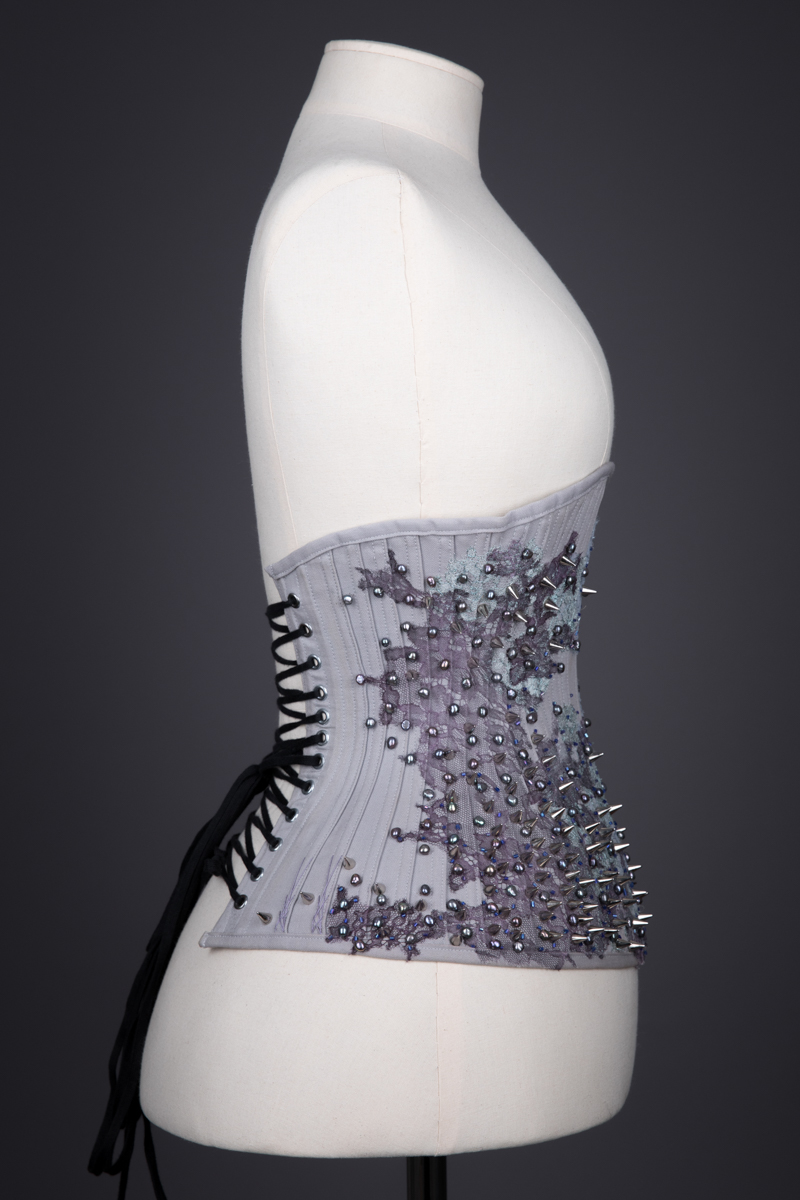 Herringbone Coutil & Lace Appliqué 'Jay' Underbust Corset By Sparklewren, c. 2015, UK. The Underpinnings Museum. Photography by Tigz Rice.