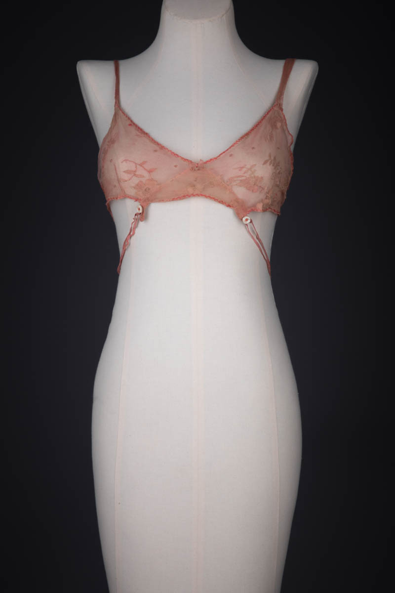 Embroidered Tulle & Elastic Homemade Kestos Style Bra, c. 1920s, Great Britain. The Underpinnings Museum. Photography by Tigz Rice.