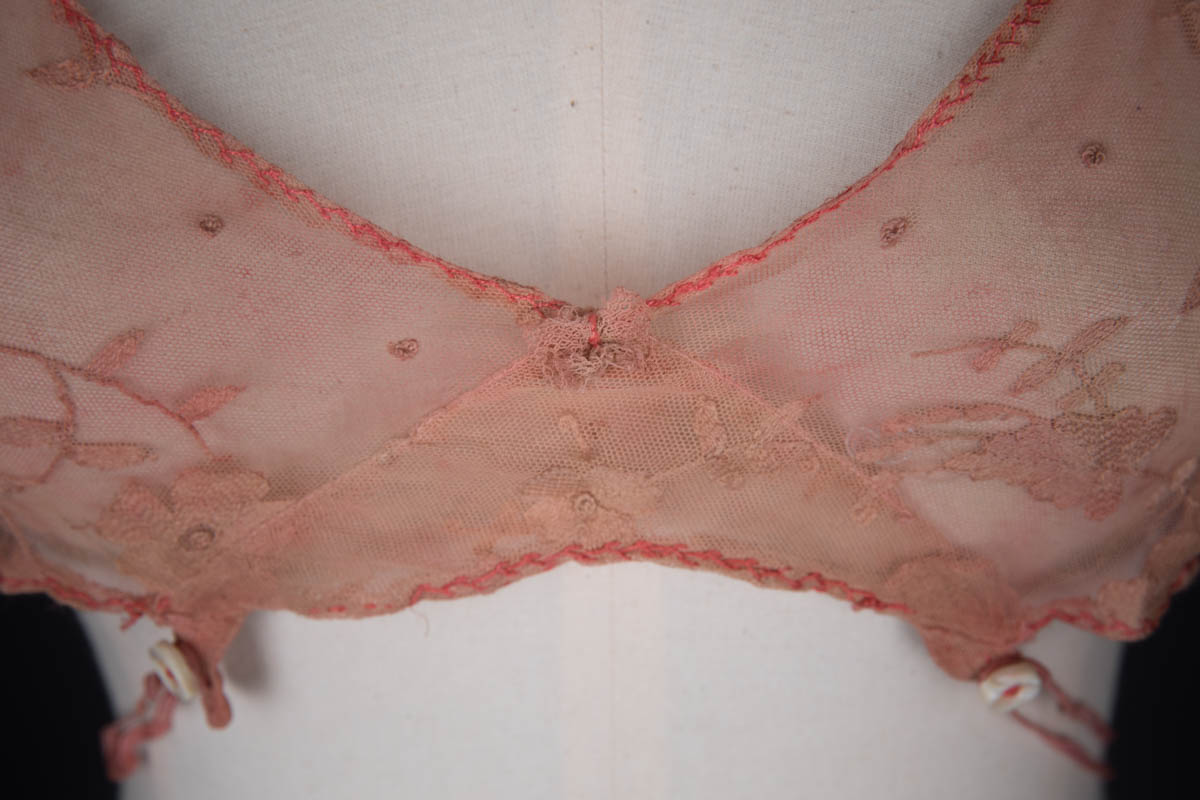 Embroidered Tulle & Elastic Homemade Kestos Style Bra, c. 1920s, Great Britain. The Underpinnings Museum. Photography by Tigz Rice.