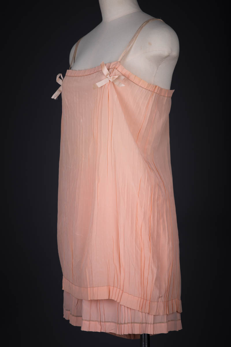 Pleated Silk Crepe Slip & Tap Pants With Drawn Thread Work & Monogram Embroidery, c. 1920s, Great Britain. The Underpinnings Museum. Photography by Tigz Rice.