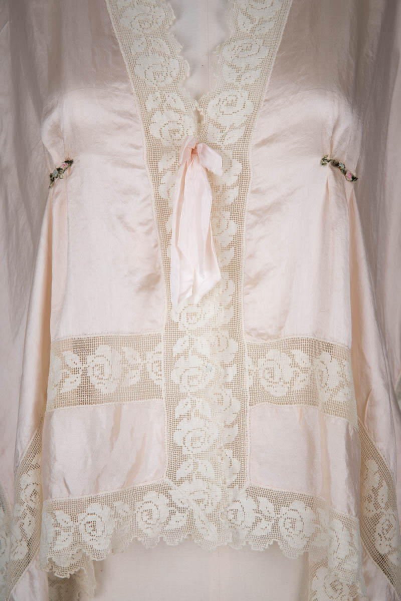 Pale Pink Habotai Silk & Filet Lace Bed Jacket, c. 1920s, USA. The Underpinnings Museum. Photography by Tigz Rice