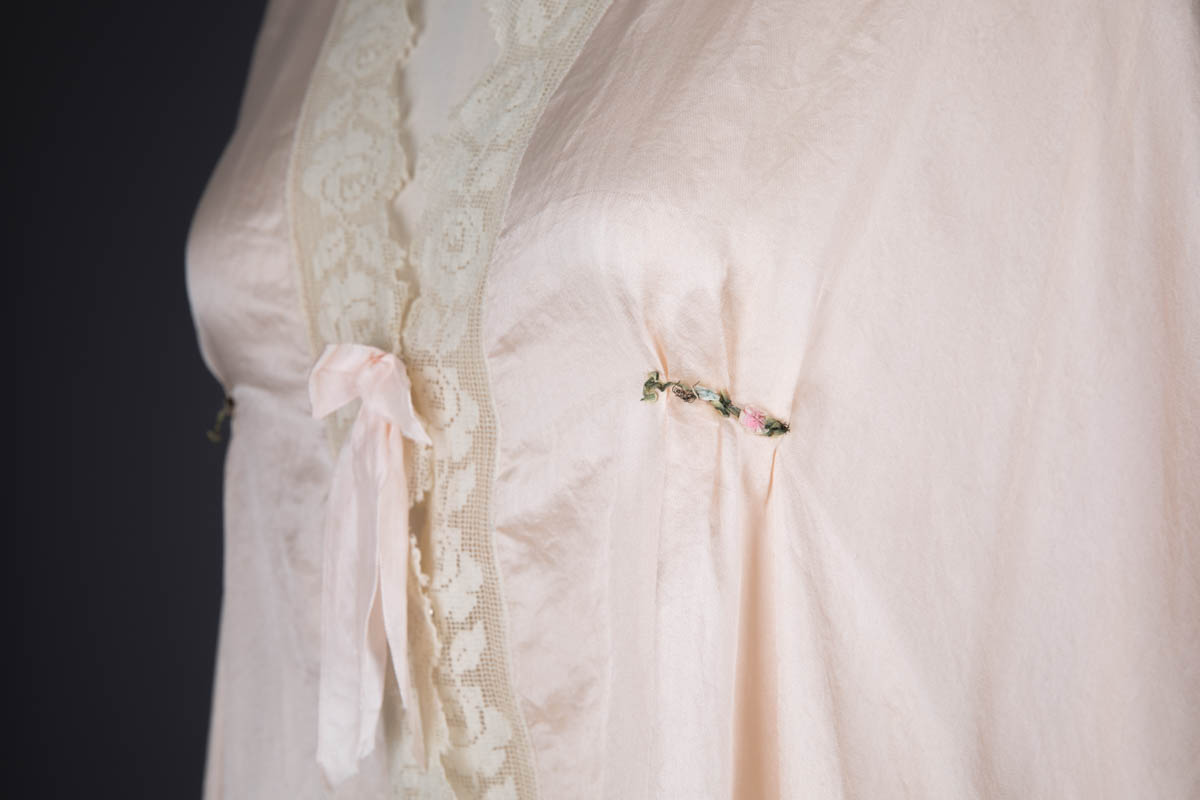 Pale Pink Habotai Silk & Filet Lace Bed Jacket, c. 1920s, USA. The Underpinnings Museum. Photography by Tigz Rice