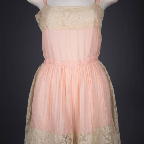 Peach Pleated Silk Crepe & Machine Embroidered Lace Step In, c. 1920s, Great Britain. The Underpinnings Museum. Photography by Tigz Rice