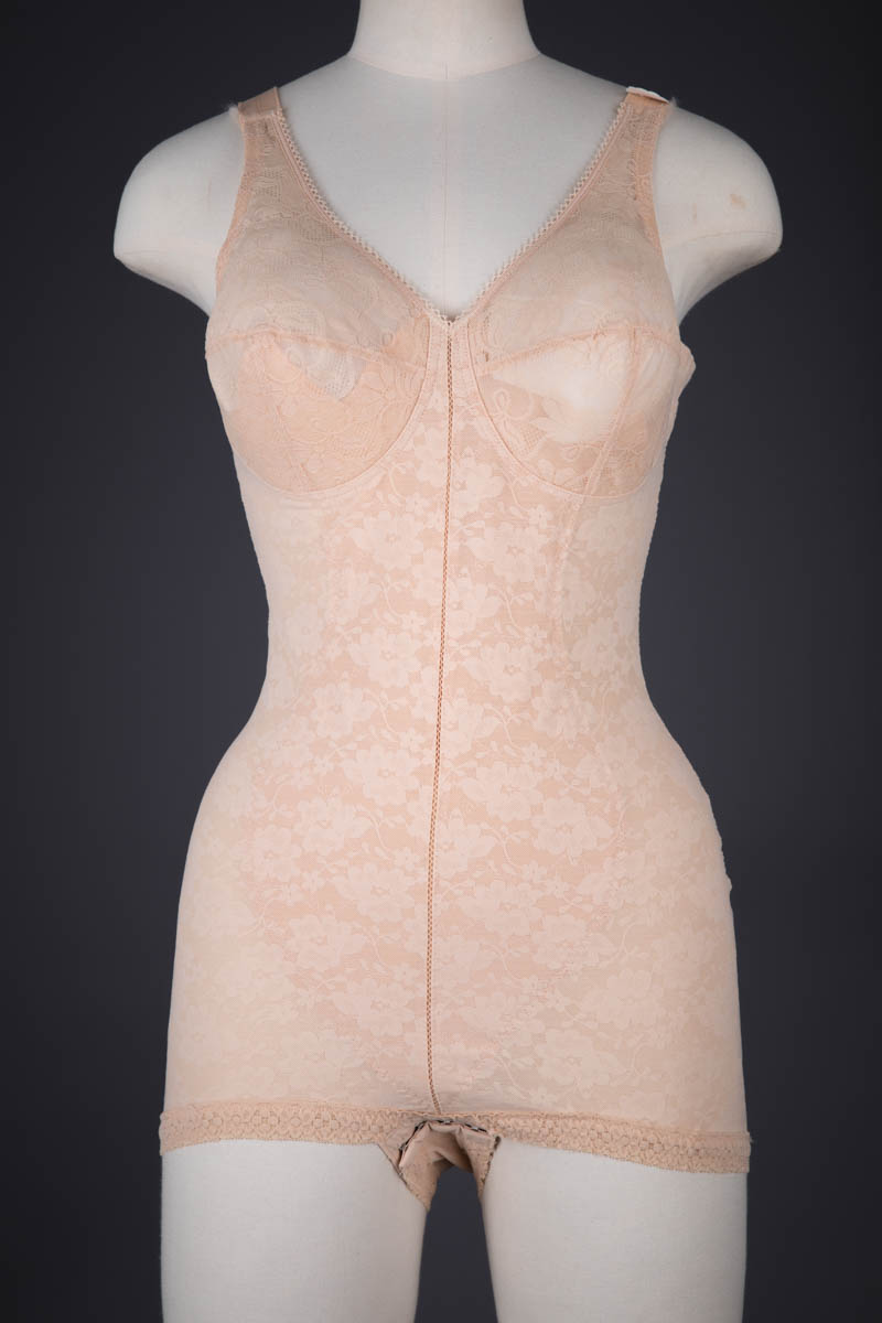 Beige Floral Lycra Mesh Shaping Bodysuit By Chantelle, c. 1960s, France. The Underpinnings Museum. Photography by Tigz Rice.