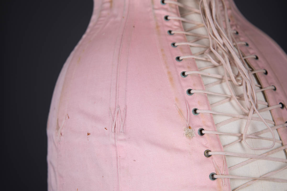 Pink Cotton Twill Longline Corset With Ribbon Slot Lace Trim