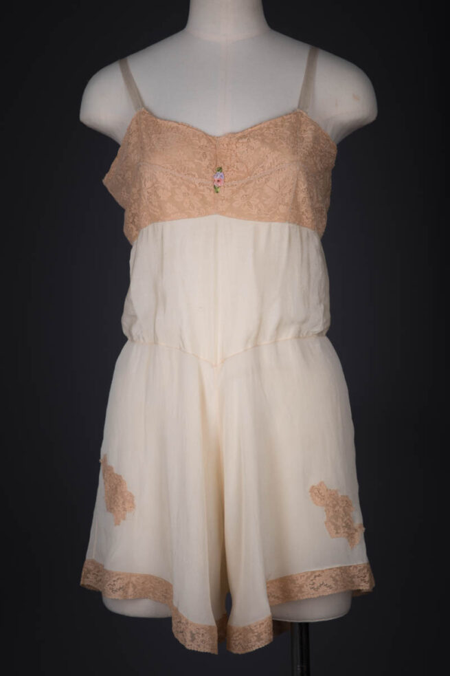 Cream Silk Crepe Step In Teddy With Lace Trim, c. 1920s, USA. The Underpinnings Museum. Photography by Tigz Rice