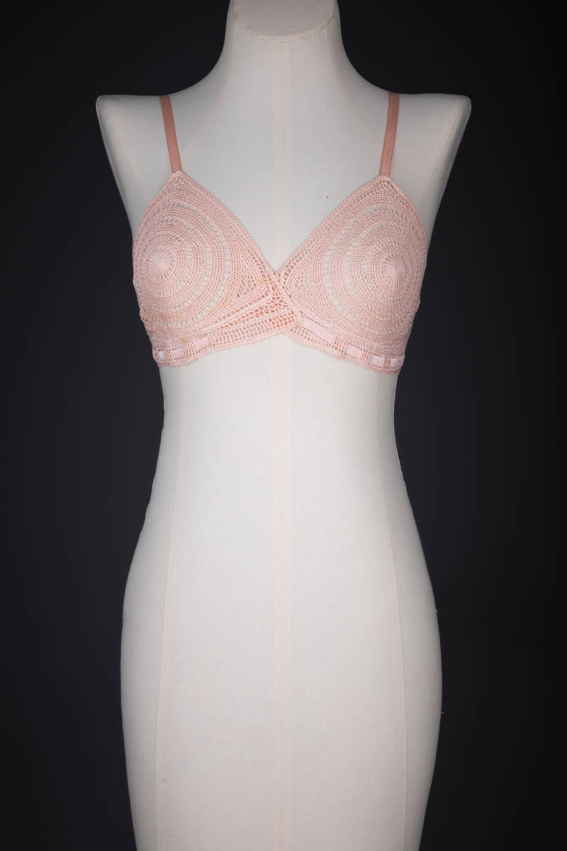 Tea Rose Elasticated Crochet Bra By Karis, c. 1930s, France. The Underpinnings Museum. Photography by Tigz Rice