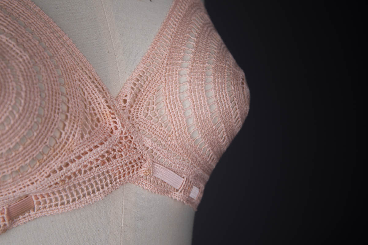 Tea Rose Elasticated Crochet Bra By Karis, c. 1930s, France. The Underpinnings Museum. Photography by Tigz Rice