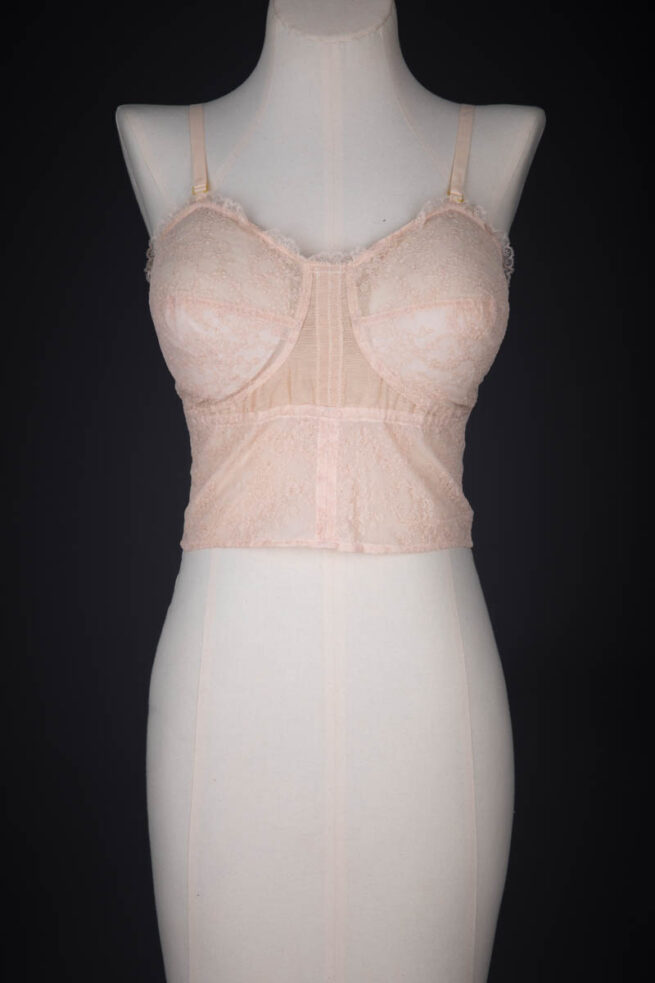 Tea Rose Machine Lace & Stretch Mesh Longline Bra By Cadolle, c. 1950s, France. The Underpinnings Museum. Photography by Tigz Rice