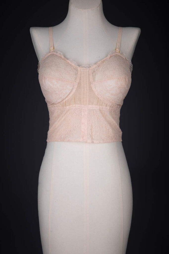 Tea Rose Machine Lace & Stretch Mesh Longline Bra By Cadolle, c. 1950s, France. The Underpinnings Museum. Photography by Tigz Rice