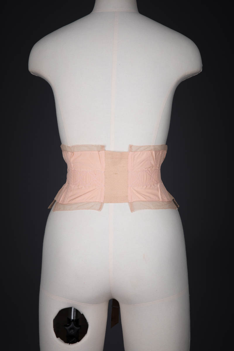 Hand Embroidered Nylon Waist Cincher With Elastic Gussets & Suspenders By Préger, c. 1950s, France. The Underpinnings Museum. Photography by Tigz Rice.
