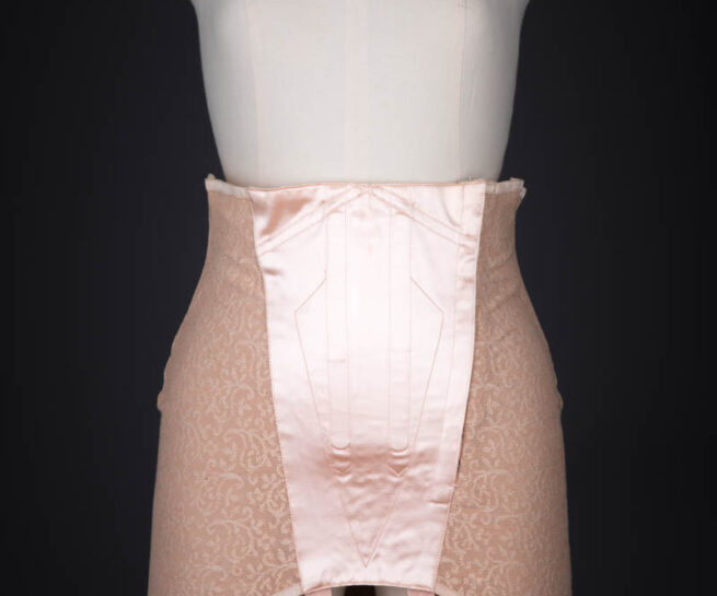 Tea Rose Quilted Satin & Embroidered Stretch Tulle Girdle , c. 1950s. The Underpinnings Museum. Photography by Tigz Rice