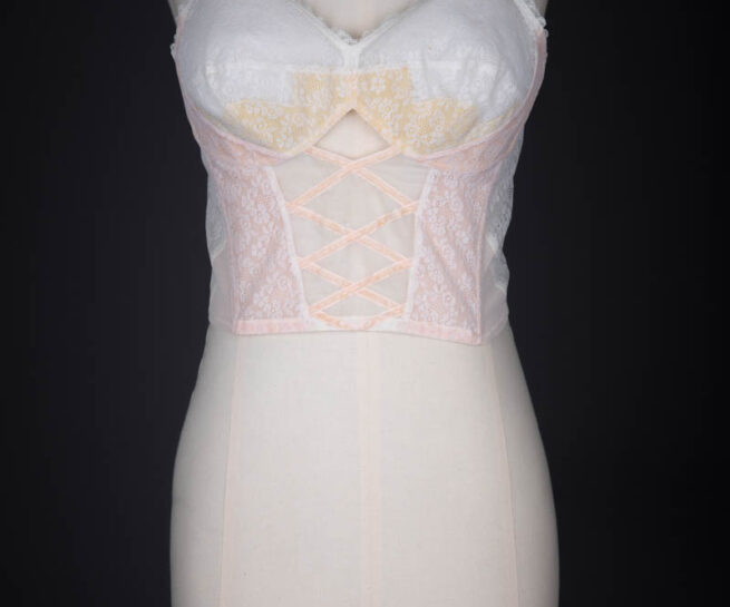 Ivory & Pink Lace And Velvet Trim Longline Bra By Christian Dior, 1957, Great Britain. The Underpinnings Museum. Photography by Tigz Rice