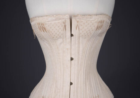 Cotton Twill Straight Front Corset With Corded Bust & Flossing Embroidery, c. 1890s, France. The Underpinnings Museum. Photography By Tigz Rice.