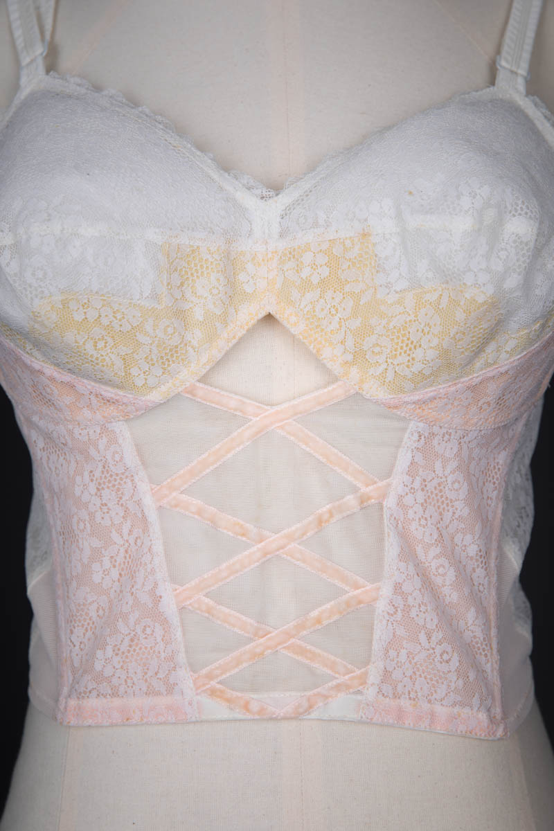 Ivory & Pink Lace And Velvet Trim Longline Bra By Christian Dior, 1957, Great Britain. The Underpinnings Museum. Photography by Tigz Rice