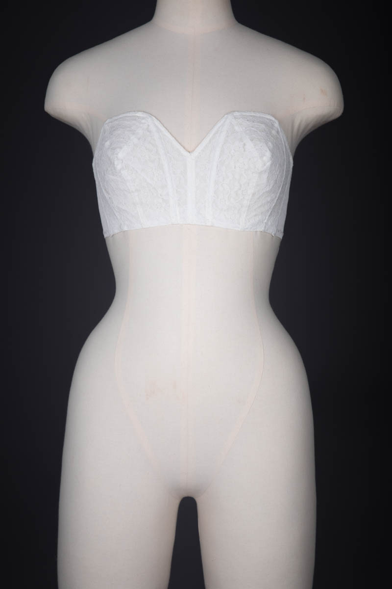 White Lace Strapless Cathedral Bra By Kestos, c. 1950s, Great Britain. The Underpinnings Museum. Photography by Tigz Rice
