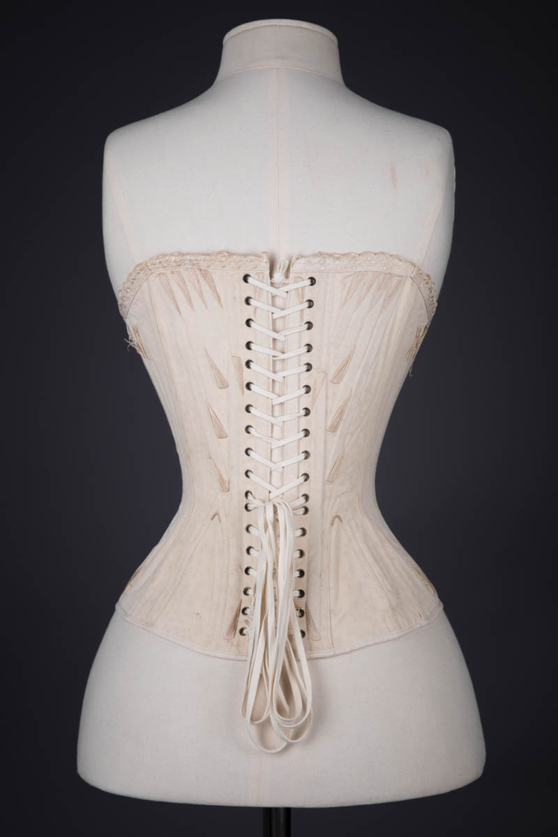 Cotton Twill Straight Front Corset With Corded Bust & Flossing Embroidery, c. 1890s, France. The Underpinnings Museum. Photography By Tigz Rice.