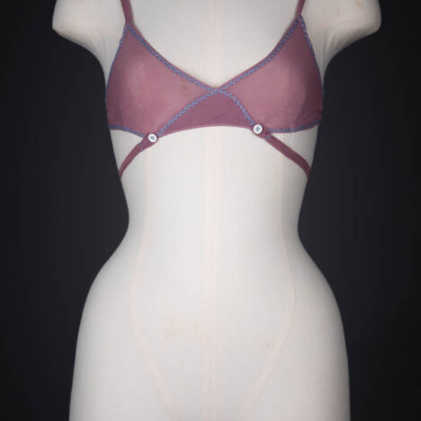 Hand Embroidered Silk Georgette Kestos Style Bra, c. 1930s, Great Britain. The Underpinnings Museum. Photography by Tigz Rice