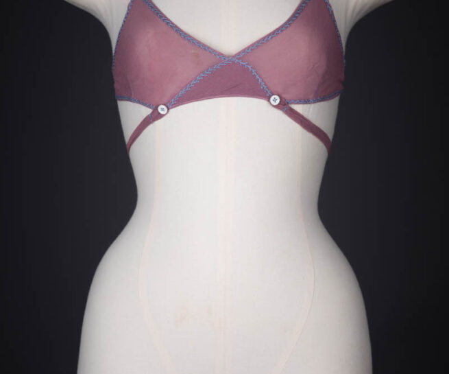 Hand Embroidered Silk Georgette Kestos Style Bra, c. 1930s, Great Britain. The Underpinnings Museum. Photography by Tigz Rice