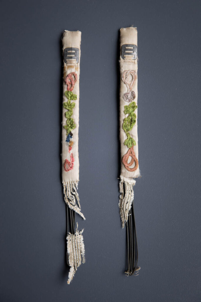 Padded Silk & Chenille Embroidery Garters With Metal Springs, late 18th century, Great Britain. The Underpinnings Museum. Photography by Tigz Rice