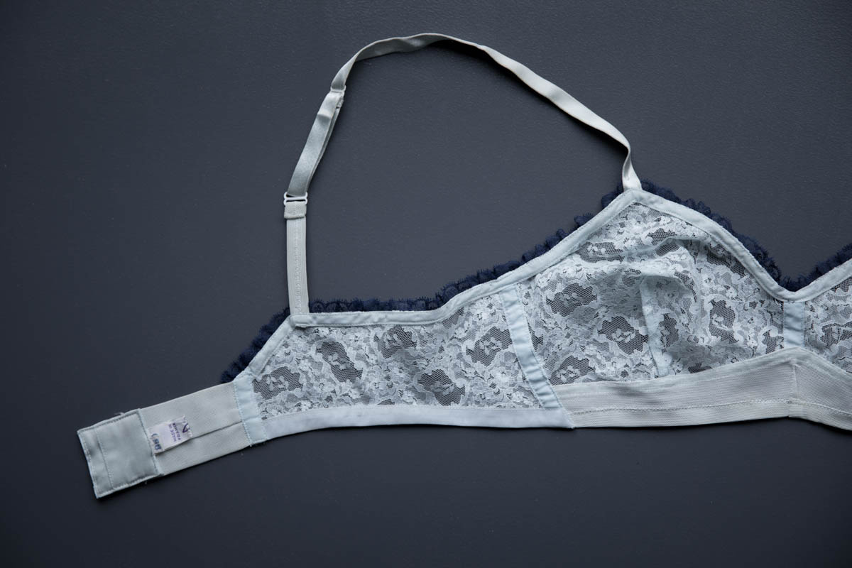 Ice Blue & Navy Nylon Lace Bra & Tap Pants By Cadolle, c. 1960s, France. The Underpinnings Museum.