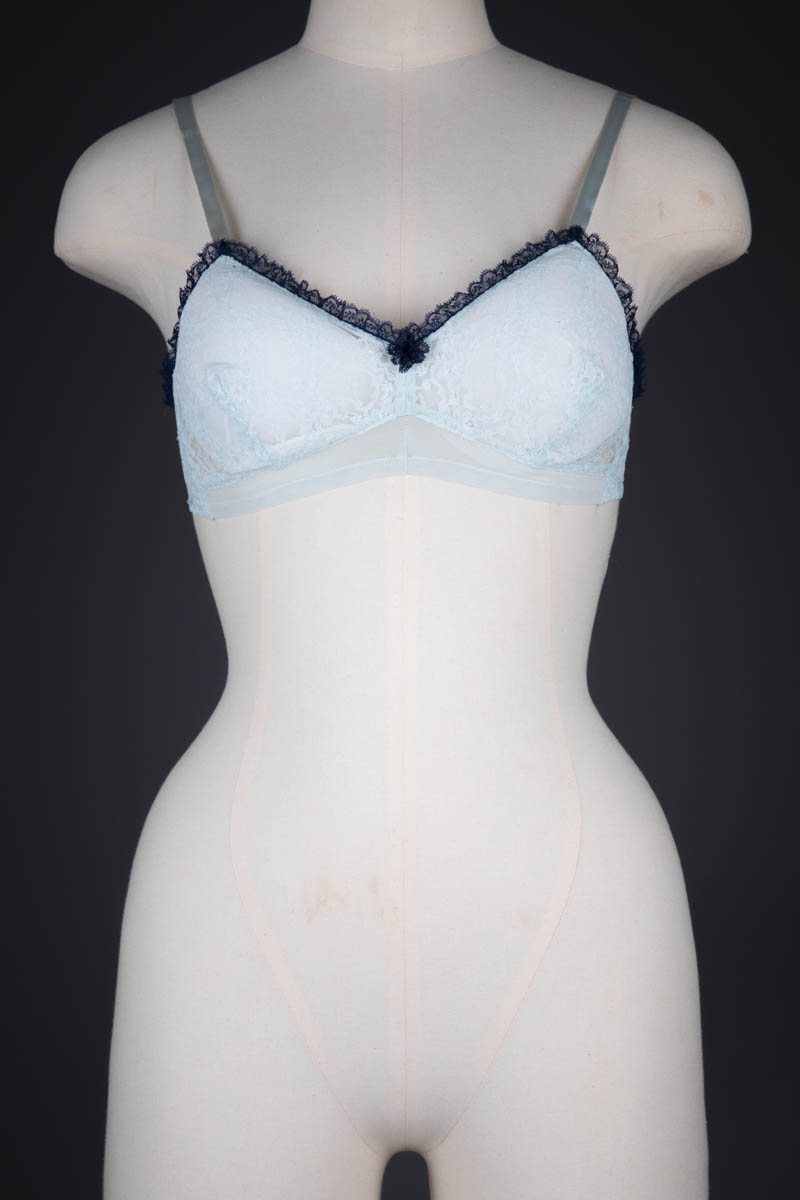Ice Blue & Navy Nylon Lace Bra & Tap Pants By Cadolle, c. 1960s, France. The Underpinnings Museum.