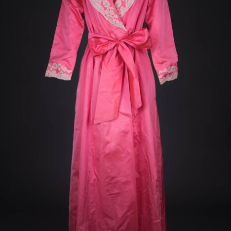 Bright Pink Silk Dressing Gown With Hand Stitched Lace Appliqué By Juel Park, c. 1950s, United States. The Underpinnings Museum. Photography by Tigz Rice
