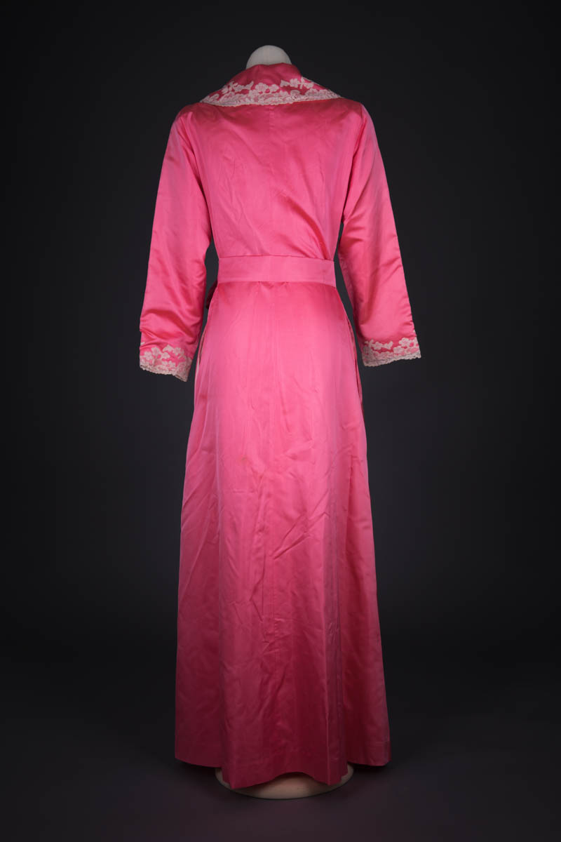 Bright Pink Silk Dressing Gown With Hand Stitched Lace Appliqué By Juel Park, c. 1950s, United States. The Underpinnings Museum. Photography by Tigz Rice