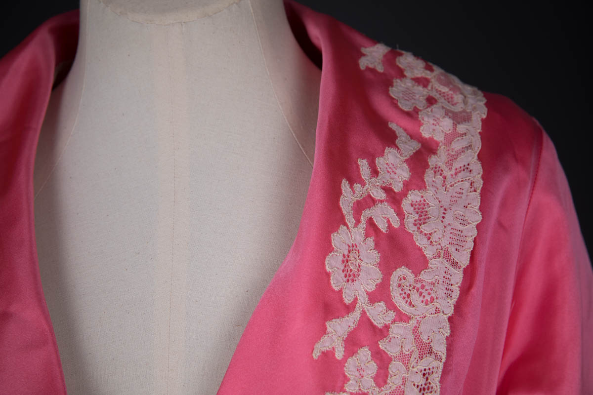 Bright Pink Silk Dressing Gown With Hand Stitched Lace Appliqué By Juel Park, c. 1950s, United States. The Underpinnings Museum. Photography by Tigz Rice