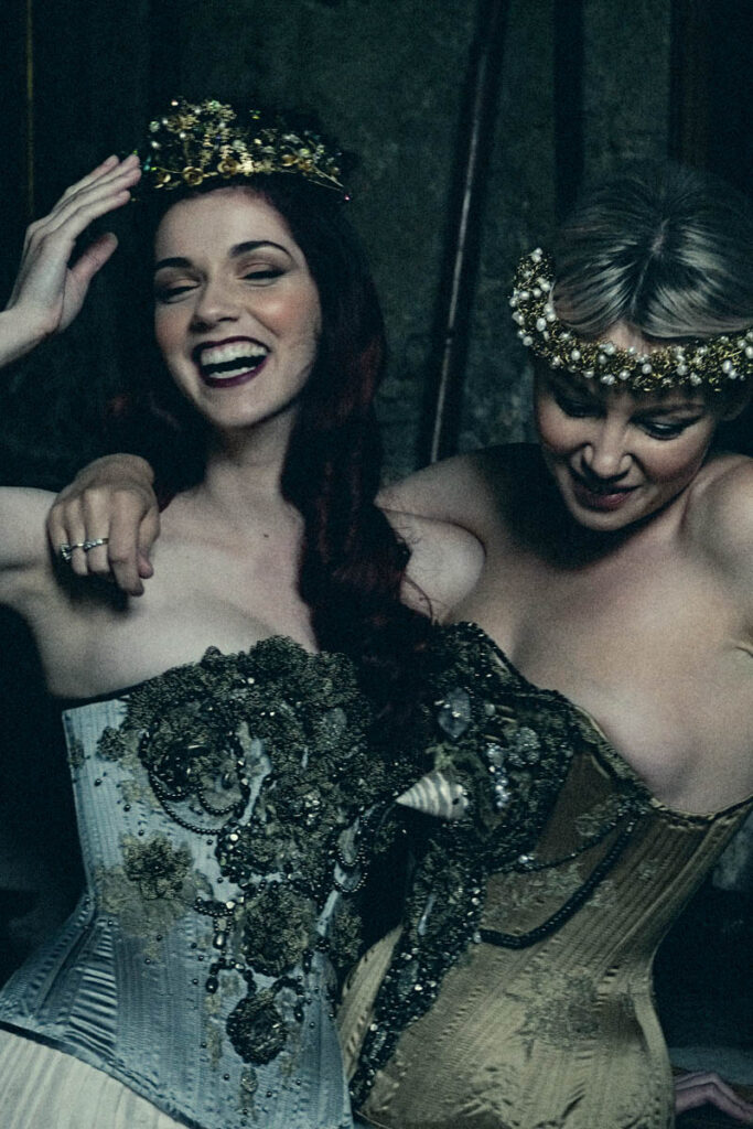 'Pyrite' and 'Unicorn' Corsets by Sparklewren. Modelled by Helen Teiman and Sarah Simms. Photography by Jenni Hampshire